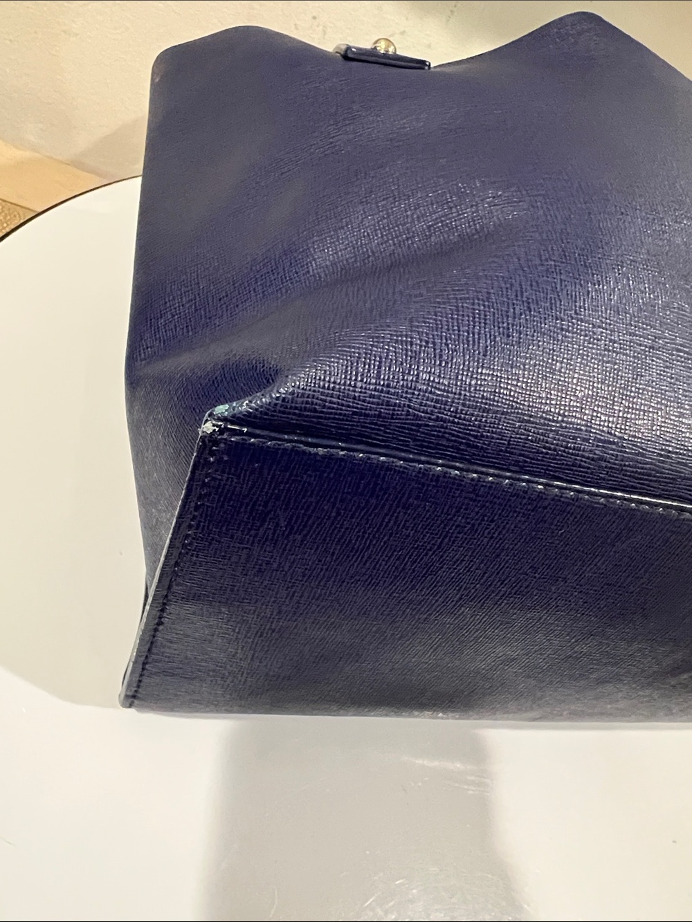 Furla Navy Structured Leather Satchel Tote - edge coat wear - Picture 10 of 14